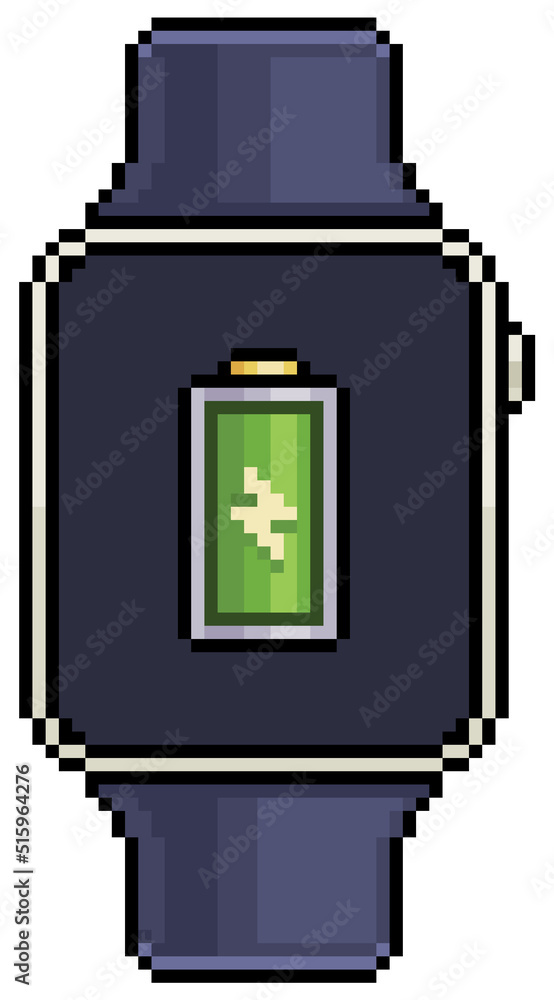 Poster pixel art smartwatch with charged battery icon vector icon for 8bit game on white background