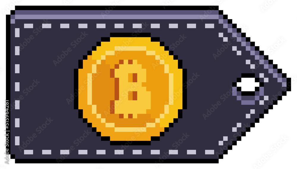 Poster pixel art bitcoin sale tag. bitcoin ad tag vector icon for 8bit game on white background
