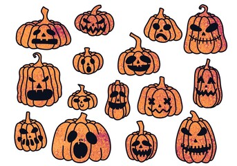 Set with Halloween pumpkins for stickers and cards and kids and wrapping paper and packaging