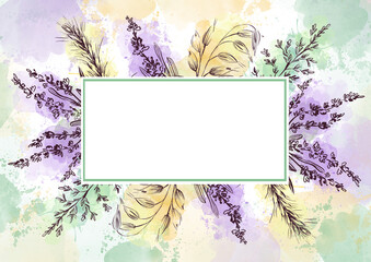 A text frame with lavender. Watercolor vintage invitation background with branches and plants. Wedding background for a postcard with flowers