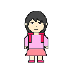 Illustration of a school girl with a straight face in pixel art