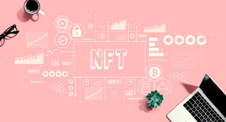 NFT theme with a laptop computer on a pink background