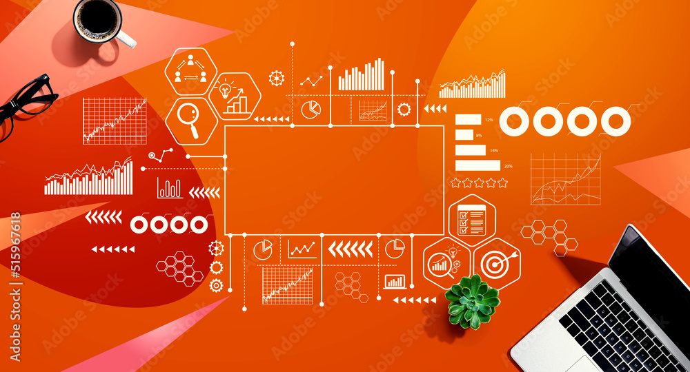 Poster marketing concept with a laptop computer on a orange pattern background