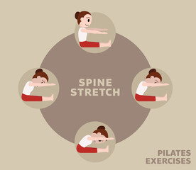 Pilates Moves Exercises Spine Stretch Cute Cartoon Vector Illustration