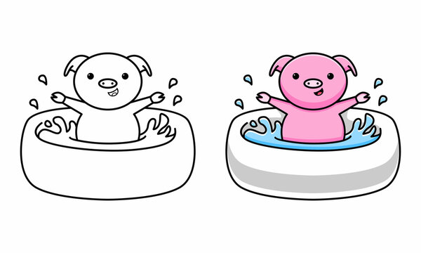 Cute pig take a bath coloring page for kids