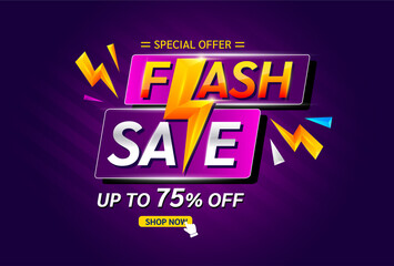 Flash sale luxury with yellow thunder sign on a purple background. Special deal offer sale 75% Off campaign or promotion. Template design for social media shopping. Vector EPS10.