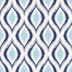 Seamless Oval ogee background pattern. Abstract ikat texture on white textile. Traditional bohemian ornament fabric design.  - 515968444