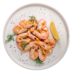 boiled shrimp with lemon on a white plate top view isolated on white background