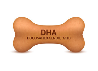Bone shaped dry food for cats and dogs with Omega Docosahexaenoic acid (DHA) dietary supplement bones canine arthritis osteoarthritis. Can use advertising pet food. On a white background vector 3D.