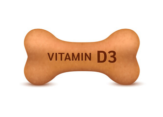 Bone shaped dry food for cats and dogs with viyamin D3 dietary supplement bones canine arthritis osteoarthritis. On a white background vector 3D. Can use advertising pet food.
