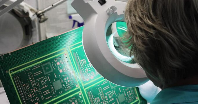 A specialist in a laboratory examines an electronic board with a magnifying instrument. Visual optical inspection for quality control of circuit board. Industrial, technology, manufacturing concept.