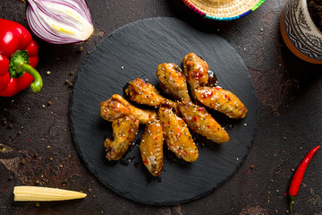 Chicken wings in sweet chili sauce on black stone plate top view