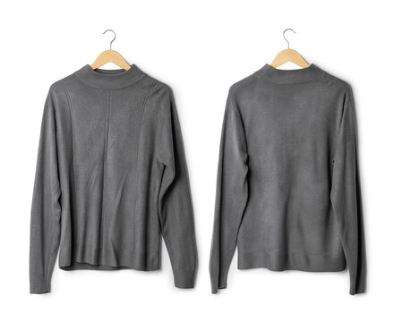 Realistic Long Sleeve T Shirt Mockup Hanging Front And Back View Isolated On White Background With Clipping Path.