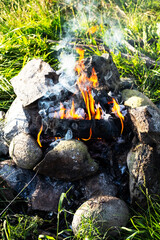 Bonfire burns in forest. Tourist fire for cooking at nature.