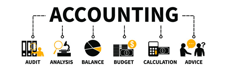Accounting Banner Vector Illustration providing the systems for audit analyze calculate budgeting business financial with graphs analysis icons