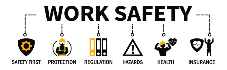 Work Safety Banner Web Concept with Protections Hazards Health and Insurance icons