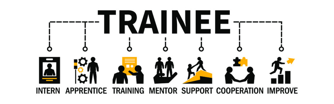 Trainee Banner Web Concept with Intern Apprentice Cooperation Training Improve Support Mentor icons
