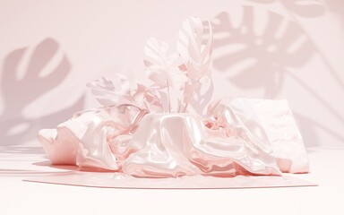 Pink podium background with cloth and plant.