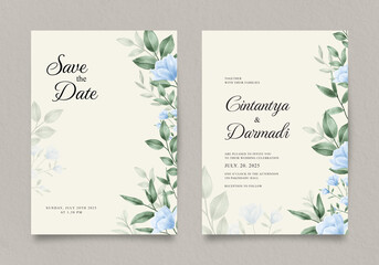 Elegant wedding invitation with blue flowers and green leaves