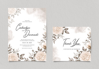 Elegant wedding invitation template with watercolor yellow roses
