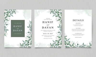 Set of elegant wedding invitation templates with watercolor greenery