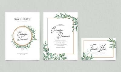 Set of wedding invitations templates with greenery watercolor