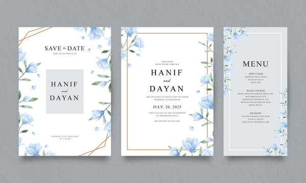 Set of elegant wedding invitation templates with watercolor blue floral
