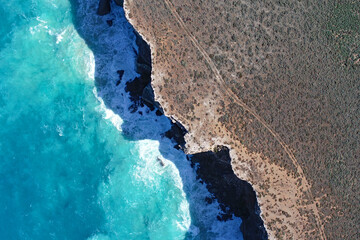 Drone aerial view of the Nullarbor - Bunda Cliffs and Ocean (The Great Australian Bight, SA/WA...