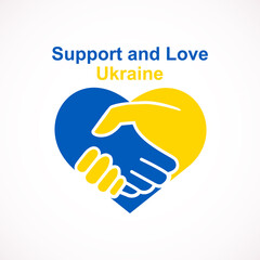 Helping Ukraine hand concept. Gesture, sign of help and hope logo. Two hands taking each other with heart, blue yellow flag colors. Support ukrainian refugees. Vector illustration.