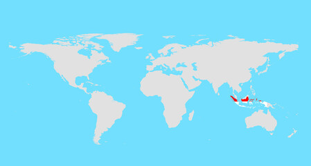 A simple world map in gray color on a light blue background, with a highlight on Indonesia map.