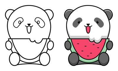 Cute panda eating watermelon coloring page for kids