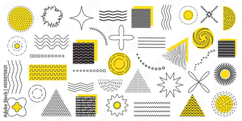 Poster Abstract shape elements. Geometric graphic lines. Modern Memphis circles and squares. Dot patterns and wave figures. Minimal modern forms. Triangles and stars. Vector graphic design set