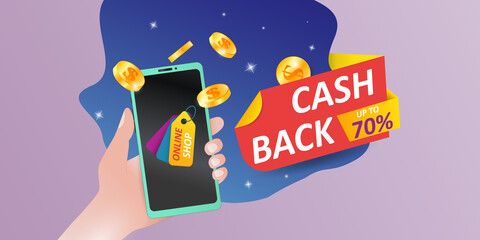 Money bonus banner. Cashback promotion. Smartphone in hand with web discount app. Internet store sale flyer. Phone and gold coins in arm. Cash refund. Vector shopping card background