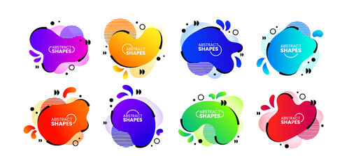 Abstract design shapes. Banner with geometric elements. Modern Memphis logo. Liquid paint spots. Isolated fluid splashes set. Gradient color minimal textures. Vector graphic background