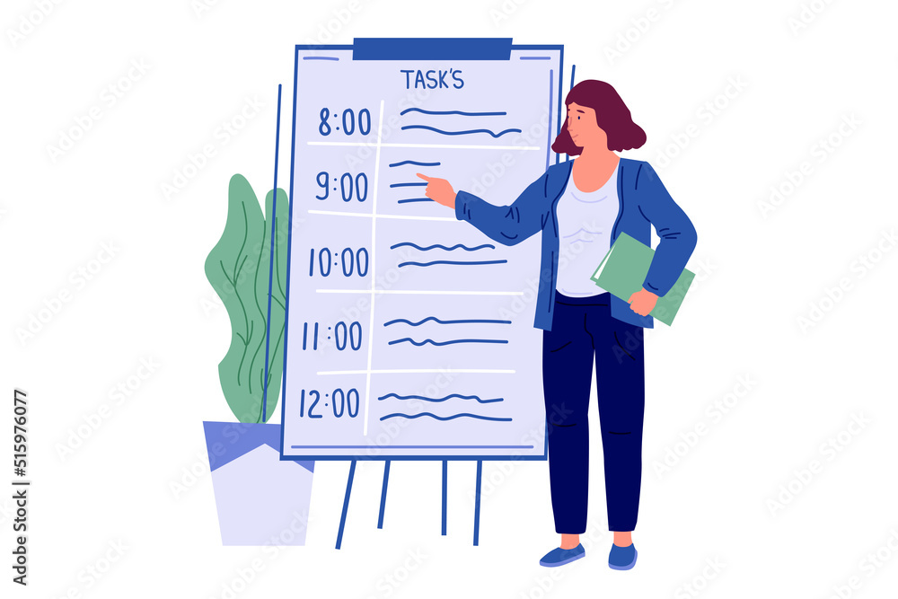 Poster time management. business people planning work and strategy. whiteboard with goals. tasks priority. 