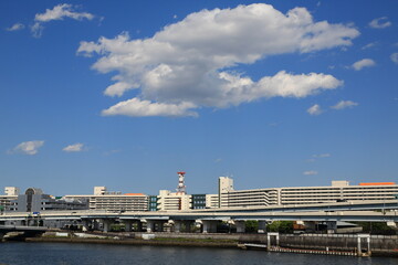Fototapeta premium 隅田川沿いにのびる巨大団地と青空に湧き立つ雲