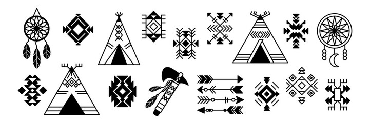 Native American patterns. Indian teepee. Geometric motifs. Dream catchers with feathers. Aztec geometric traditional shapes. Black silhouette ornaments set. Vector design background © SpicyTruffel