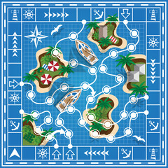 Tropical Islands on the map. Game board. View from above. Vector illustration.