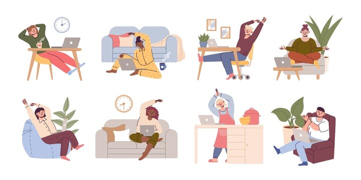 People stretch at home office. Women or men work with laptops. Relax persons training yoga. Freelancers do physical exercises. Workers workout. Cozy poses. Vector cartoon illustration