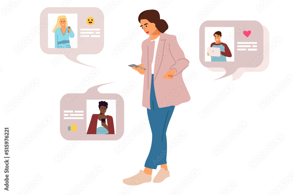 Aufkleber people using phone. internet communication. web messenger. female character with smartphone. network
