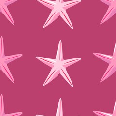 Vector hand-drawn seamless repeating simple pattern with pink starfish on a pink background. Vector background with marine theme. Pink starfish on a pattern for textile, wallpaper, background. Sea.