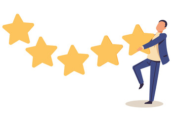 Customer rating. People with stars. Clients satisfaction. Consumer survey. Standing man with grade icons. Service evaluation ranking. User questionnaire. Vector review and feedback concept
