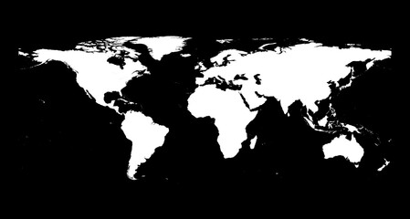 A simple world map in white color on a black background.