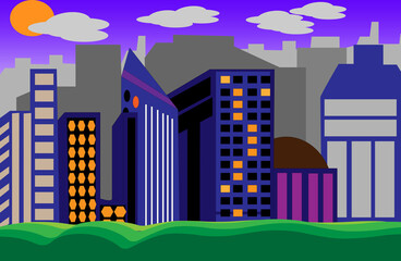 Abstract Image. Panoramic city view with green grassland floor, and gradient purple sky background.