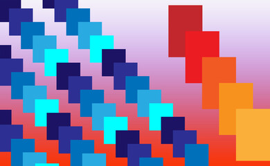 An abstract image. Diagonal blue gradient boxes and bigger Diagonal red gradient boxes with red background gradient.