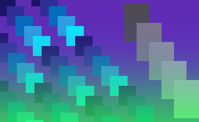 An abstract image. Diagonal blue gradient boxes and bigger Diagonal gray gradient boxes with background purple mixed green.