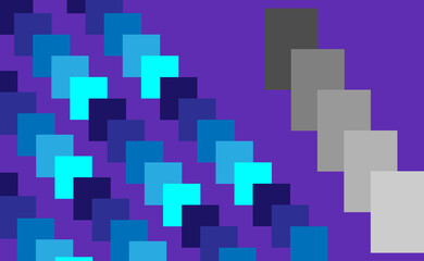 An abstract image. Diagonal blue gradient boxes and bigger Diagonal gray gradient boxes with background purple.