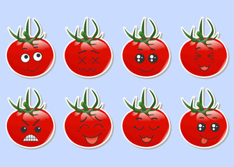 Set of stickers red tomato with kawaii emotions. Flat vector illustration of a tomato with emotions On a blue background.
