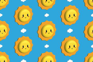Cute cartoon style 3D rendering seamless pattern background with sun character and clouds for nature, weather, summer design.