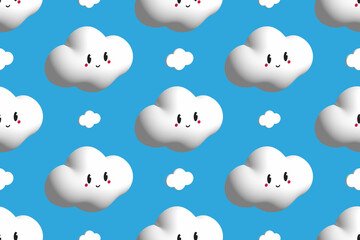 Cute cartoon style 3D rendering seamless pattern background with white cloud characters for nature and weather design.